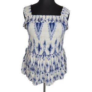 Romantic Gypsy White Blue Geo Print Smocked Ruffled Tank Top Plus Size 2X